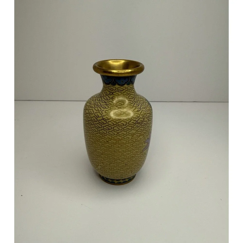 Yellow Cloisonné Brass & Enamel‎ Vase With Pink Flowers 4